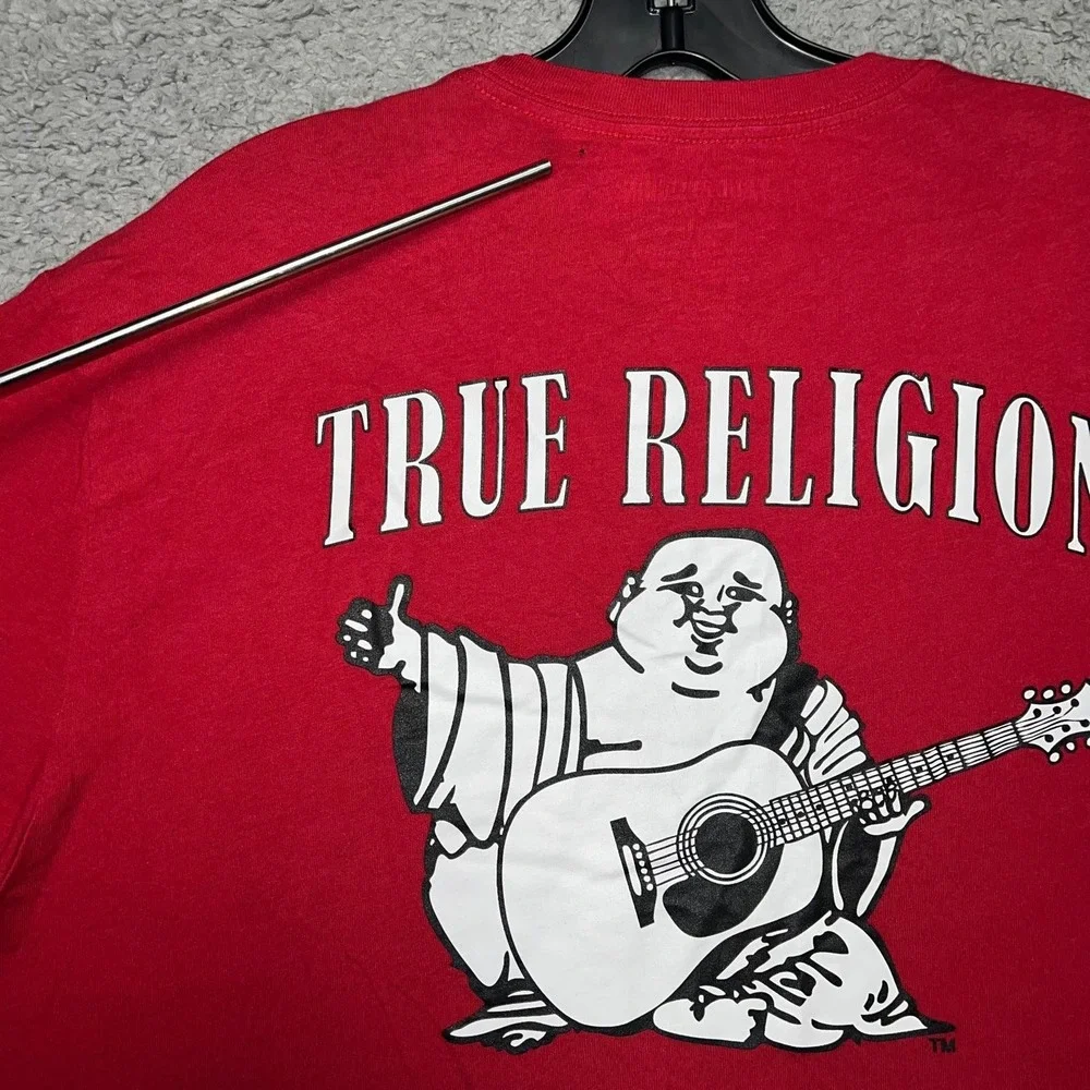 True Religion Buddha Guitar T Shirt Men's Sz 2XL XXL Red Spell Out 2‎ Sided Tee